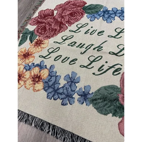 Vintage Live Laugh Love Colorful Floral Tapestry Throw Blanket 50 X 52 - Picture 4 of 12